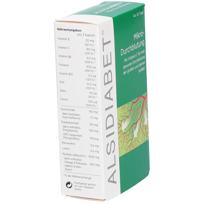 ALSIDIABET Mikro-Durchblutung | OPC, Omega-3, Lutein, Soy Isoflavones + Vitamins & Minerals | Microcirculation Formula | 60 Capsules | PZN 03727671