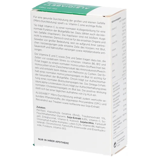 ALSIDIABET Mikro-Durchblutung | OPC, Omega-3, Lutein, Soy Isoflavones + Vitamins & Minerals | Microcirculation Formula | 60 Capsules | PZN 03727671