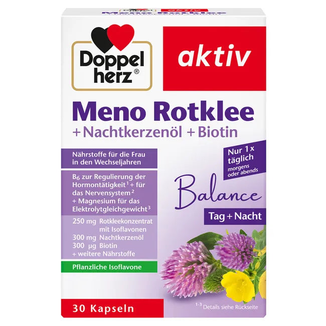 Doppelherz aktiv Meno Red Clover + Evening Primrose Oil & Biotin | Menopause Support | 2 × 30 Capsules | 60-Day Supply | PZN 04042018