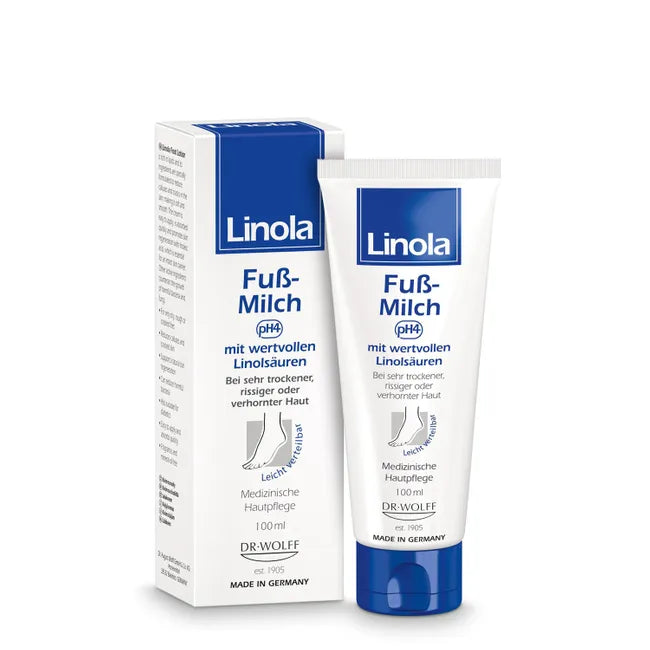 Linola Foot Milk | Intensive Care for Very Dry, Cracked & Callused Feet | pH 4, Linoleic Acid & Glycolic Acid | Fragrance-Free | 100 ml | PZN 04412573