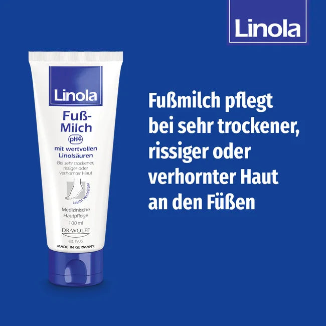 Linola Foot Milk | Intensive Care for Very Dry, Cracked & Callused Feet | pH 4, Linoleic Acid & Glycolic Acid | Fragrance-Free | 100 ml | PZN 04412573
