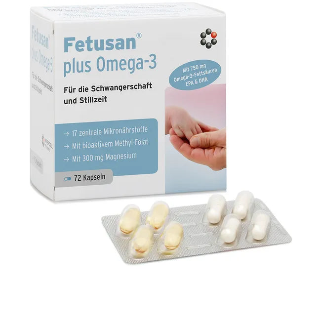 Fetusan Plus Omega-3 | Prenatal Vitamins + 750 mg EPA & DHA + Active Folate | Pregnancy & Breastfeeding | 72 Capsules | PZN 04633481
