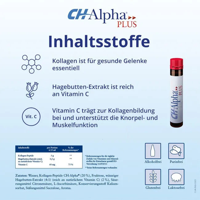 CH-Alpha PLUS 5,000 mg Collagen Peptides + Rose Hip Extract & Vitamin C | Joint & Cartilage Support | 30 Ready-to-Drink Ampoules | PZN 05005597