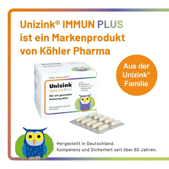 Unizink Immun Plus 90 Capsules | Immune Support | Zinc, Vitamin C, Vitamin D3, Selenium, Beta-Glucan & Citrus Bioflavonoids | PZN 05489514