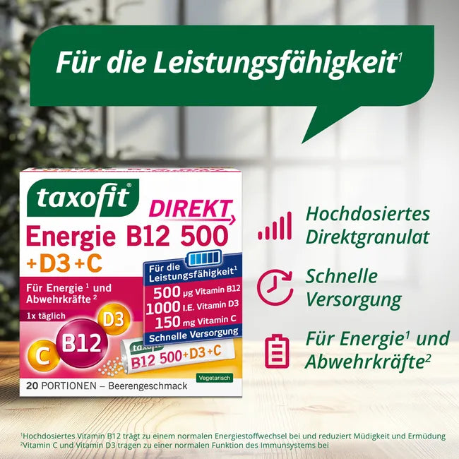 taxofit Energy B12 500 + D3 + C DIRECT | 500 µg Vitamin B12 + 1000 IU D3 + 150 mg Vitamin C | Energy, Fatigue & Immune Support | 20 Sachets | PZN 05852334