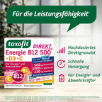 taxofit Energy B12 500 + D3 + C DIRECT | 500 µg Vitamin B12 + 1000 IU D3 + 150 mg Vitamin C | Energy, Fatigue & Immune Support | 20 Sachets | PZN 05852334