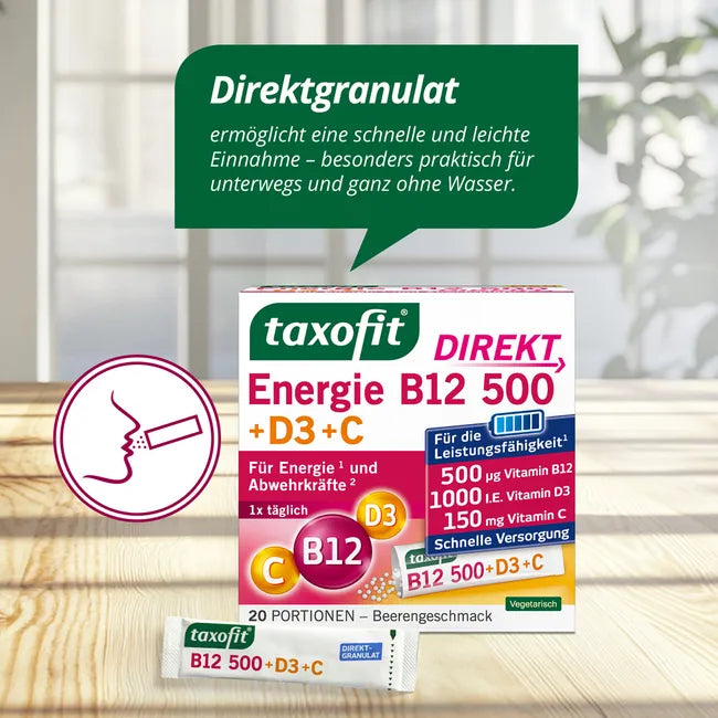 taxofit Energy B12 500 + D3 + C DIRECT | 500 µg Vitamin B12 + 1000 IU D3 + 150 mg Vitamin C | Energy, Fatigue & Immune Support | 20 Sachets | PZN 05852334