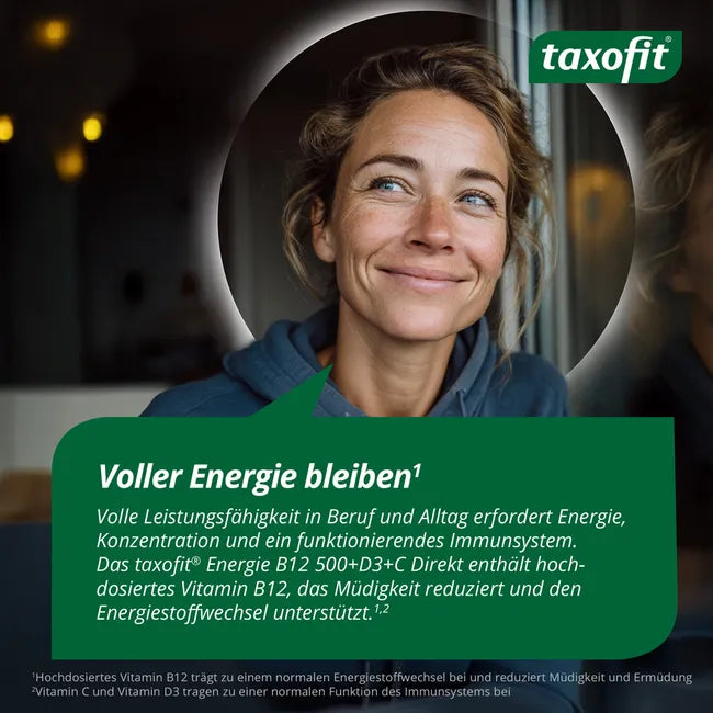 taxofit Energy B12 500 + D3 + C DIRECT | 500 µg Vitamin B12 + 1000 IU D3 + 150 mg Vitamin C | Energy, Fatigue & Immune Support | 20 Sachets | PZN 05852334