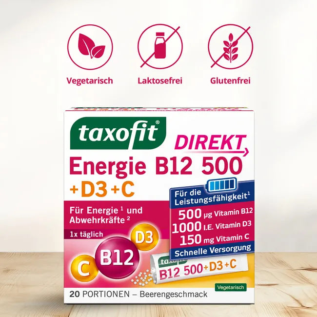 taxofit Energy B12 500 + D3 + C DIRECT | 500 µg Vitamin B12 + 1000 IU D3 + 150 mg Vitamin C | Energy, Fatigue & Immune Support | 20 Sachets | PZN 05852334