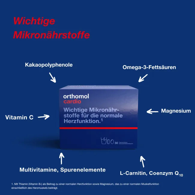 Orthomol Cardio | Heart Function with Omega-3, Magnesium, CoQ10 & L-Carnitine | 30 Daily Portions | PZN 05919239