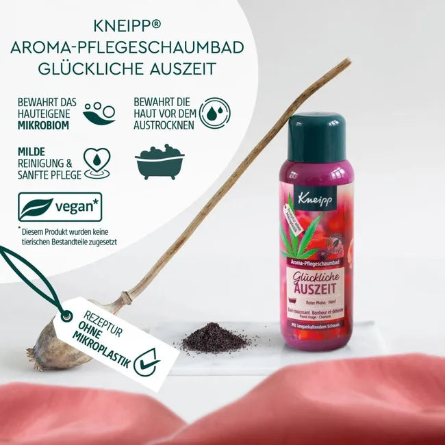 Kneipp Happy Time-Out Aroma Care Bubble Bath | Red Poppy & Hemp Seed Oil | Vegan | 400 ml | PZN 06127724
