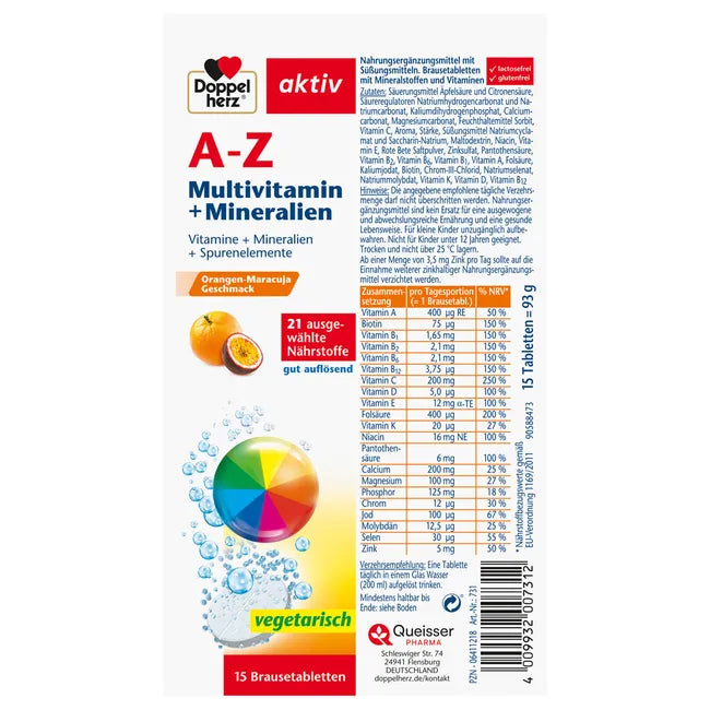 Doppelherz aktiv A-Z Multivitamin + Minerals | 21 Vitamins, Minerals & Trace Elements | Vitamin C, D, B Complex, Magnesium & Zinc | Orange-Passion Fruit | 15 Effervescent Tablets | PZN 06411218