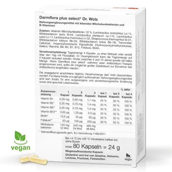 Dr. Wolz Darmflora plus select | 8 Bacterial Strains + 48 Billion Live Cultures & B Vitamins | 80 Capsules | PZN 06798312