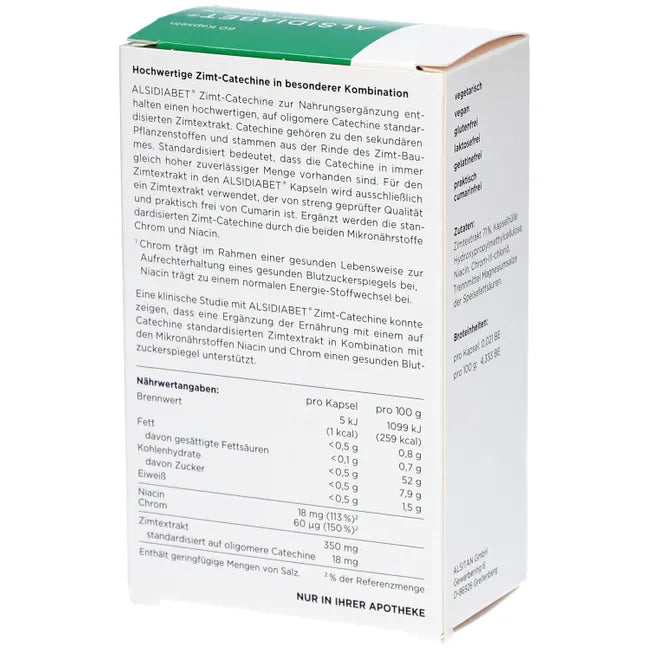 ALSIDIABET Cinnamon Catechins | Cinnamon Extract, Chromium & Niacin | Dietary Management for Type 2 Diabetes | 60 Capsules | PZN 07026899