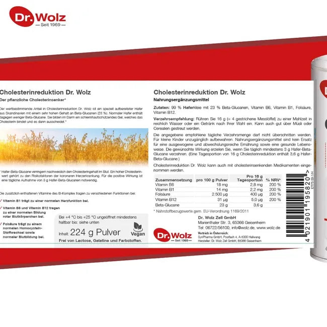 Cholesterinreduktion Dr. Wolz Twin Pack 448g | 2 × 224g Oat Beta-Glucans, Plant Sterols & B Vitamins | Natural Cholesterol Support | PZN 07619582