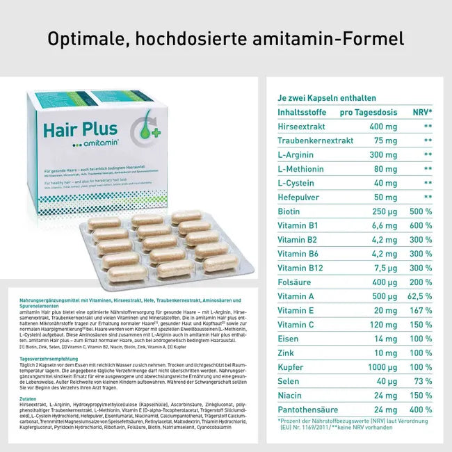 amitamin Hair Plus 60 Capsules PZN 07689275 | Hair Nutritional Supplement with Biotin, Zinc, Amino Acids & Plant Extracts | 30-Day Supply