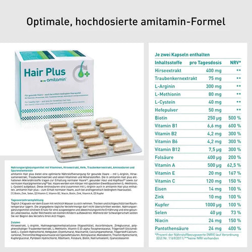 amitamin Hair Plus 60 Capsules PZN 07689275 | Hair Nutritional Supplement with Biotin, Zinc, Amino Acids & Plant Extracts | 30-Day Supply