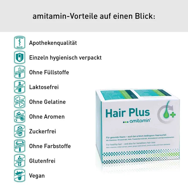 amitamin Hair Plus 60 Capsules PZN 07689275 | Hair Nutritional Supplement with Biotin, Zinc, Amino Acids & Plant Extracts | 30-Day Supply