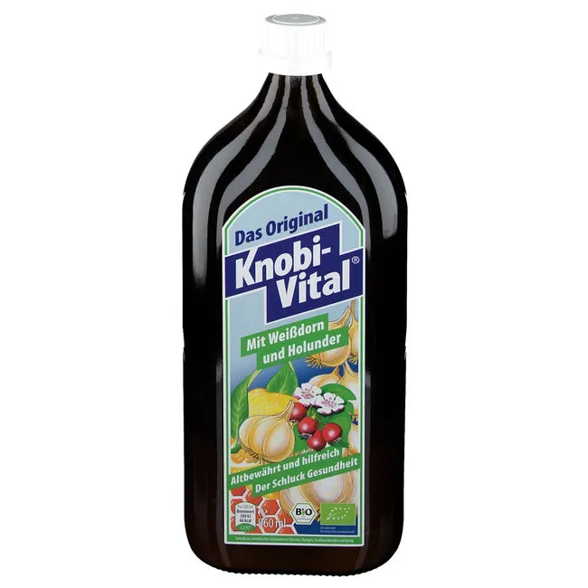 KnobiVital with Hawthorn & Elderberry | Organic Garlic, Hawthorn, Lemon, Orange & Honey Drink | Natural Thiamine for Heart & Energy Support | 960 ml | PZN 07748552