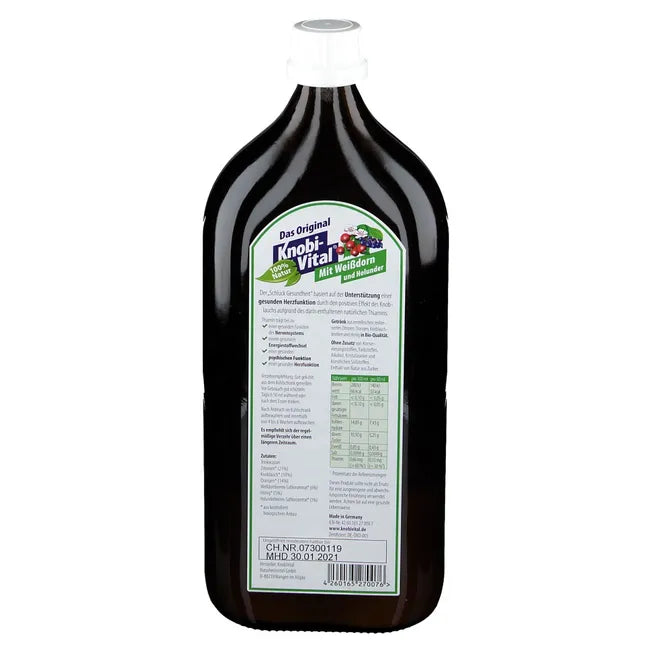 KnobiVital with Hawthorn & Elderberry | Organic Garlic, Hawthorn, Lemon, Orange & Honey Drink | Natural Thiamine for Heart & Energy Support | 960 ml | PZN 07748552