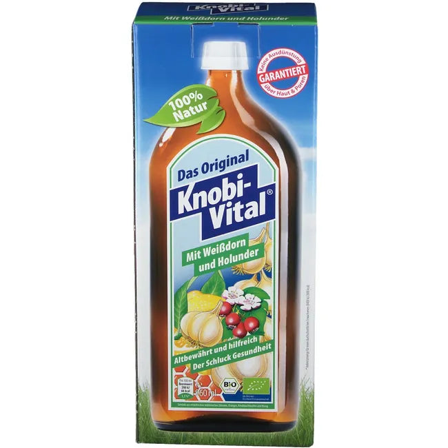 KnobiVital with Hawthorn & Elderberry | Organic Garlic, Hawthorn, Lemon, Orange & Honey Drink | Natural Thiamine for Heart & Energy Support | 960 ml | PZN 07748552
