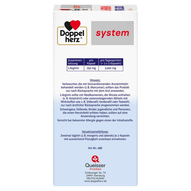 Doppelherz system L-Arginine Vital 3,000 | High-Dose L-Arginine | 3,000 mg Daily | Amino Acid Supplement | 120 Capsules | PZN 08767712