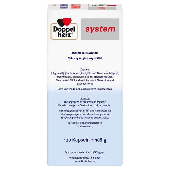 Doppelherz system L-Arginine Vital 3,000 | High-Dose L-Arginine | 3,000 mg Daily | Amino Acid Supplement | 120 Capsules | PZN 08767712