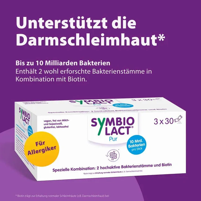 SymbioLact Pur Hypoallergenic Probiotic 90 Sachets | 2 Live Probiotic Strains | Up to 10 Billion CFU + Inulin & Biotin | PZN 09205146