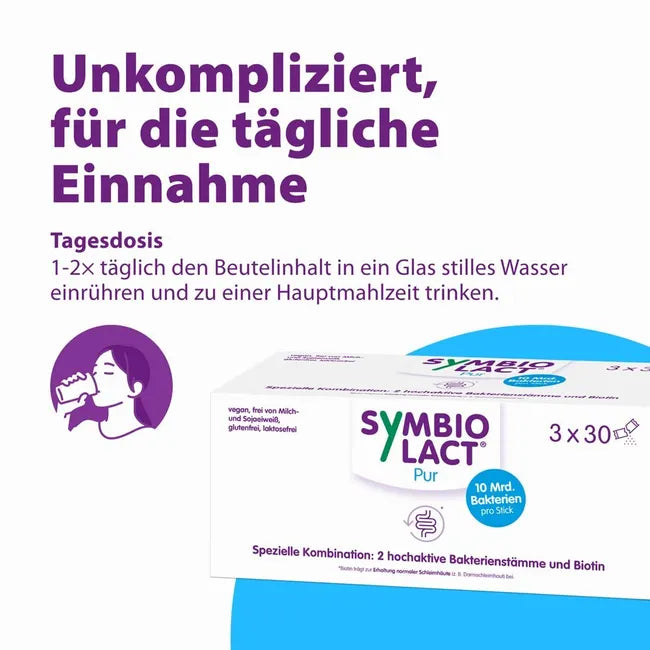 SymbioLact Pur Hypoallergenic Probiotic 90 Sachets | 2 Live Probiotic Strains | Up to 10 Billion CFU + Inulin & Biotin | PZN 09205146