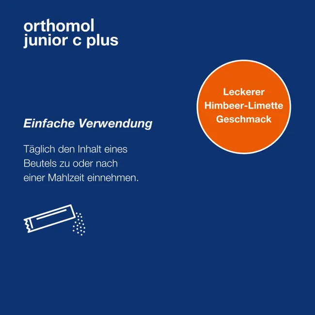 Orthomol Junior C Plus | Kids Immune Support with Vitamin C, D, Zinc & Selenium | Raspberry-Lime | 30 Sachets | PZN 10013216