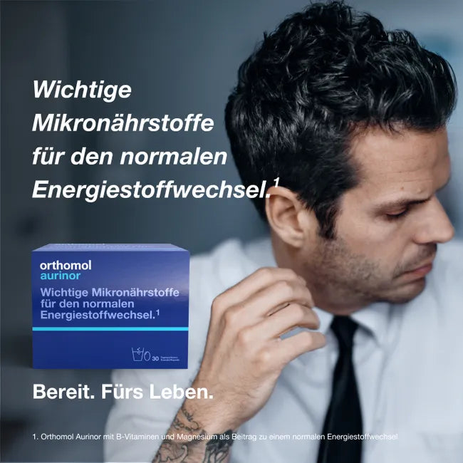 Orthomol Aurinor | Energy Metabolism with Omega-3, Magnesium, B Vitamins, L-Carnitine & CoQ10 | 30 Daily Portions | PZN 10176964