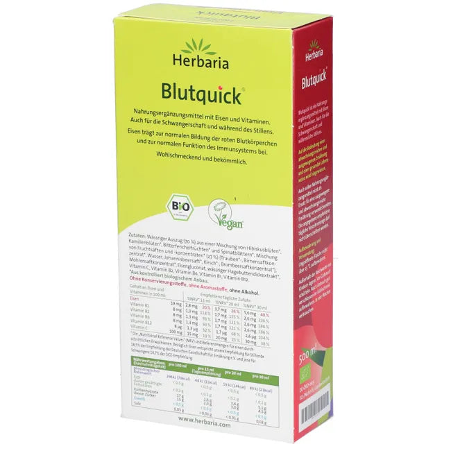Herbaria Blutquick Iron & Vitamin Juice | Liquid Iron, Vitamin C, B1, B2, B6 & B12 | Red Blood Cell & Energy Support | Vegan | 2 × 500 ml | PZN 10534719