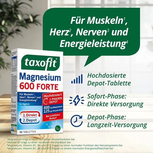 taxofit Magnesium 600 FORTE Depot | 600 mg Magnesium + Vitamins B1, B6 & B12 | 2-Phase Muscle, Nerve & Energy Support | Vegan | 30 Tablets | PZN 10793160