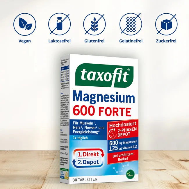 taxofit Magnesium 600 FORTE Depot | 600 mg Magnesium + Vitamins B1, B6 & B12 | 2-Phase Muscle, Nerve & Energy Support | Vegan | 30 Tablets | PZN 10793160