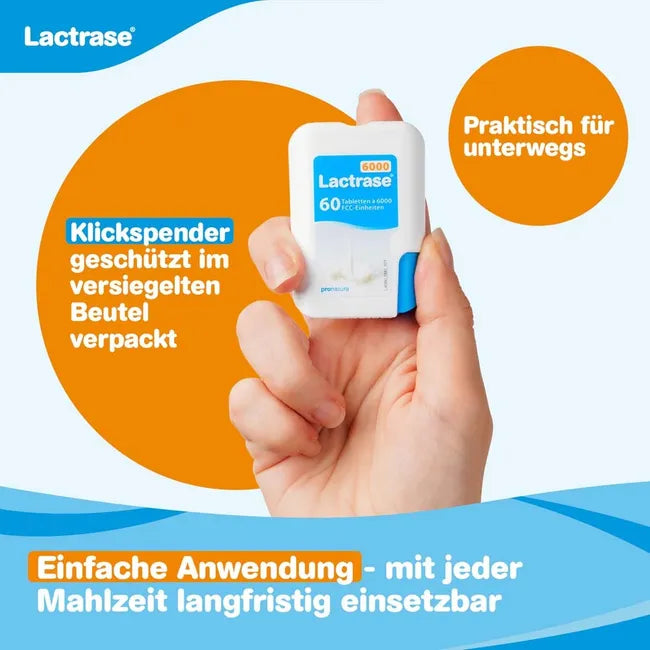 Lactrase 6,000 FCC Tablets 120 Vegan Tablets PZN 10950139 | Lactase Enzyme Supplement | Practical Click Dispenser