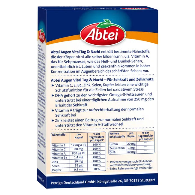 Abtei eye Vital Capsules Double Pack | Lutein 20 mg + Zeaxanthin + DHA | Vitamins A, C, E & Zinc | 2 × 30 Capsules | PZN 11027798