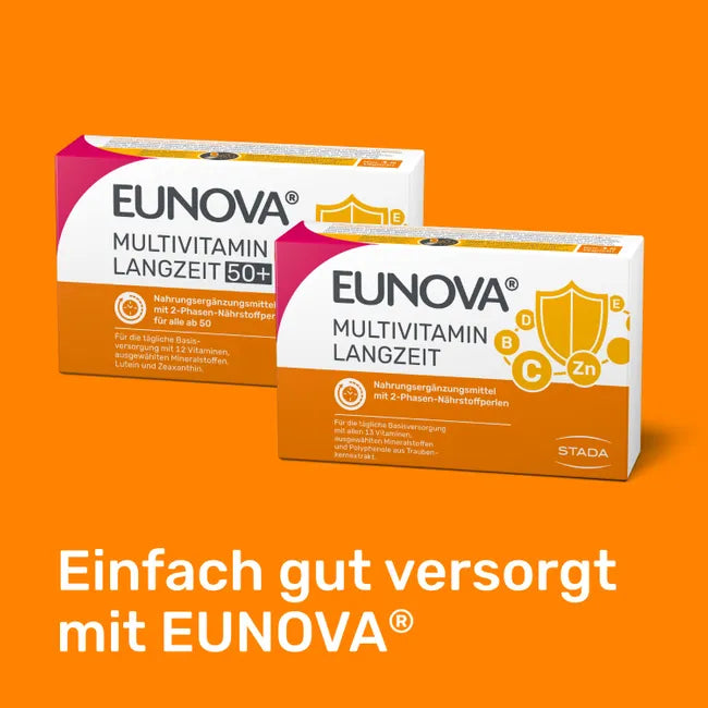EUNOVA Multivitamin Long-Term 50+ | 12 Vitamins + Minerals, Lutein & Zeaxanthin | 12-Hour Nutrient Release | 120 Capsules | PZN 11084425