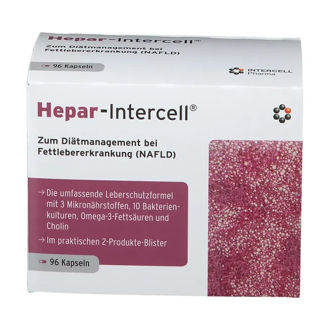 Hepar-Intercell | Choline, Omega-3 EPA & DHA, Vitamins C, D3 & E + 5 Billion CFU | Dietary Management of NAFLD | 96 Capsules | PZN 11530876
