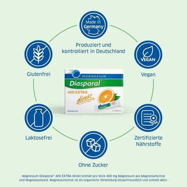 Magnesium-Diasporal® 400 EXTRA Direct Orange | 400 mg Magnesium for Muscles & Nerves | 100 Sticks | PZN 11594238