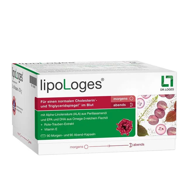 lipoLoges Omega-3 Fish Oil, Perilla Seed Oil, Red Grape Extract & Vitamin E | Cholesterol & Triglyceride Support | 180 Capsules | PZN 12452256