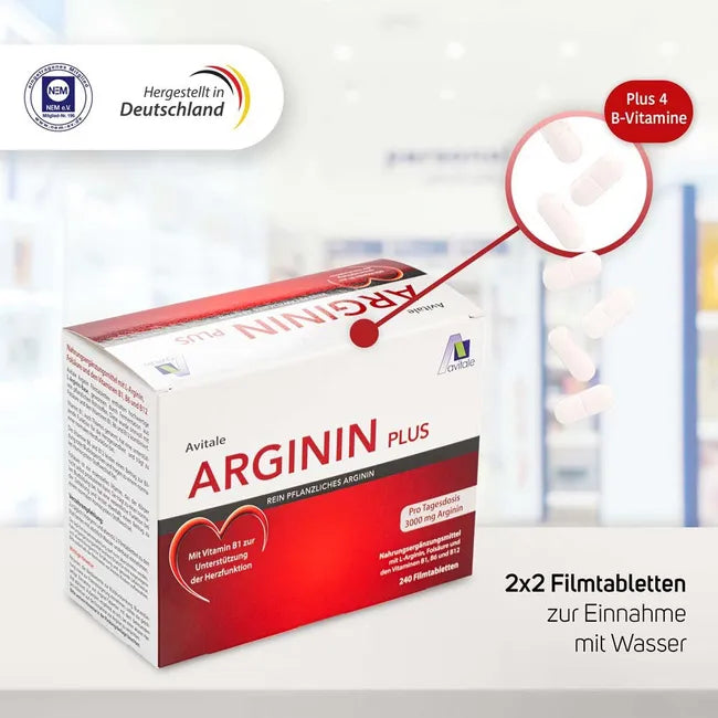 Avitale L-Arginine Plus 240 Film Tablets | 3000 mg L-Arginine + Vitamins B1, B6, B12 & Folic Acid | Heart & Circulation Support PZN 12576627