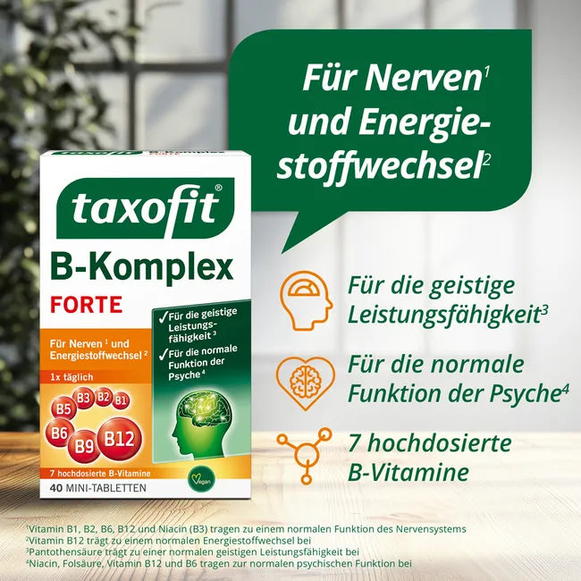 taxofit B-Complex Forte | 7 High-Dose B Vitamins with Folic Acid & B12 | Energy, Nerves & Mental Performance | Vegan | 40 Mini Tablets | PZN 12642525
