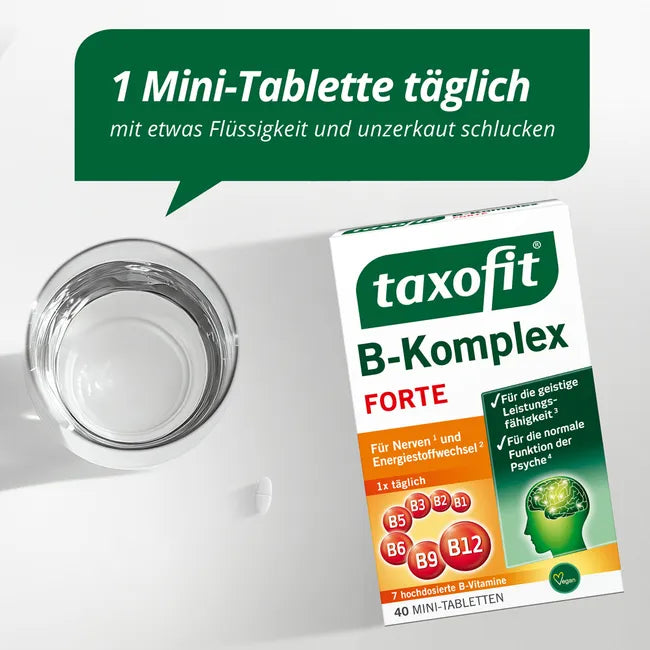 taxofit B-Complex Forte | 7 High-Dose B Vitamins with Folic Acid & B12 | Energy, Nerves & Mental Performance | Vegan | 40 Mini Tablets | PZN 12642525