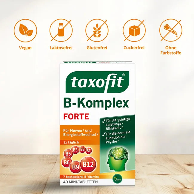 taxofit B-Complex Forte | 7 High-Dose B Vitamins with Folic Acid & B12 | Energy, Nerves & Mental Performance | Vegan | 40 Mini Tablets | PZN 12642525