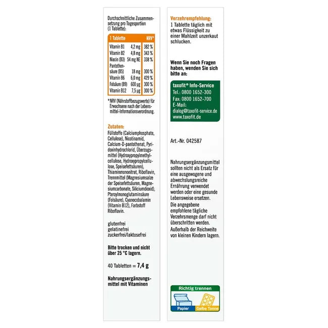 taxofit B-Complex Forte | 7 High-Dose B Vitamins with Folic Acid & B12 | Energy, Nerves & Mental Performance | Vegan | 40 Mini Tablets | PZN 12642525