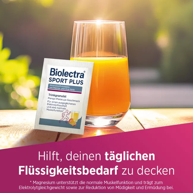 德国原装 Biolectra 加强型 运动支持符合营养素颗粒20袋 | 含镁、钙、钾、钠和氯化物电解质 芒果百香果味 抹茶和巴西莓 | 补充能量，缓解疲劳和压力，保护肌肉/骨骼健康 德国制造 PZN 12668022