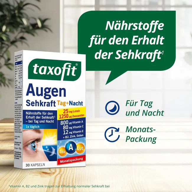 taxofit Eye Vision Day + Night | 25 mg Lutein + Zeaxanthin, Vitamins A, C, E, B2, Zinc & Selenium | Normal Vision & Antioxidant Support | 30 Capsules | PZN 12749602