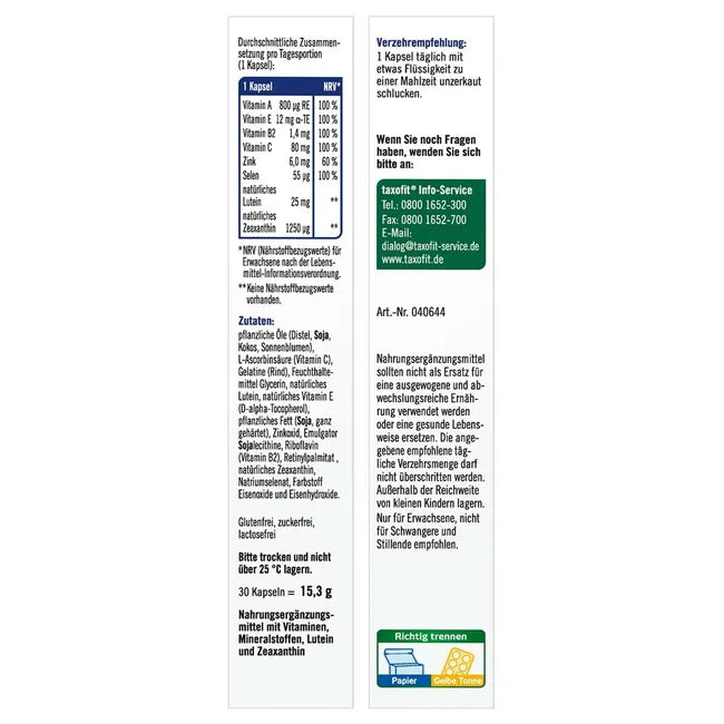 Taxofit eye eyesight Double Pack | 2 × 30 Capsules | Lutein 25 mg + Zeaxanthin + Vitamins A, C, E & Zinc | 60 Capsules Total | PZN 12749602