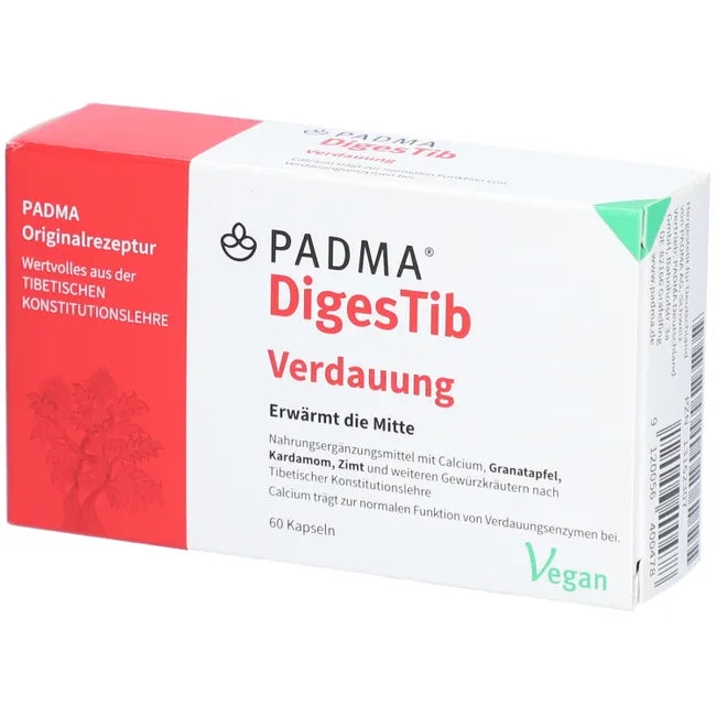 PADMA DigesTib | Pomegranate, Galangal, Long Pepper, Cardamom & Calcium | Digestive Enzyme Support | Vegan | 60 Capsules | PZN 13162307