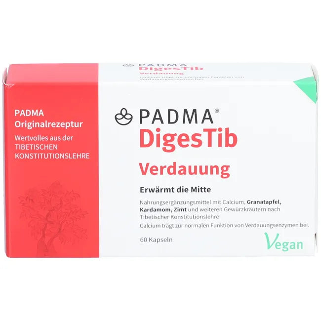 PADMA DigesTib | Pomegranate, Galangal, Long Pepper, Cardamom & Calcium | Digestive Enzyme Support | Vegan | 60 Capsules | PZN 13162307